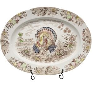 Vintage Turkey Oval Platter Thanksgiving‎ Country Scene Fruit Border Made Japan